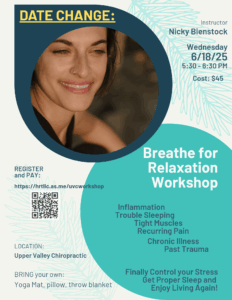 Picture of Nicky Bienstock and details of the breathwork workshop held at the office on 6/18/25 at 5:30 PM